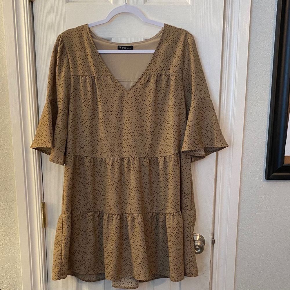 Very J Tan Mini Dress, Baby-Doll Style, Relaxed Flowy Fit, Brunch Ready